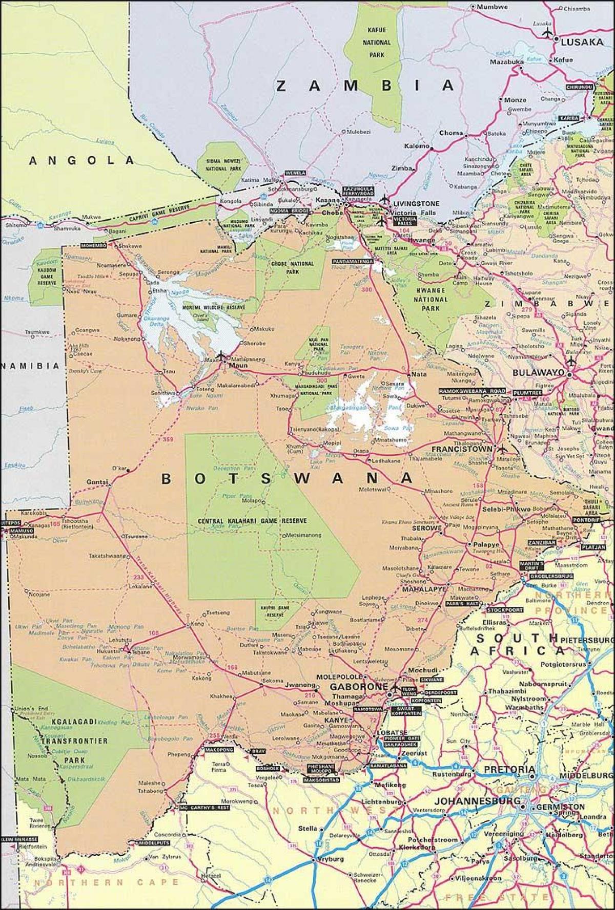 карта на Боцвана мапата со растојанија