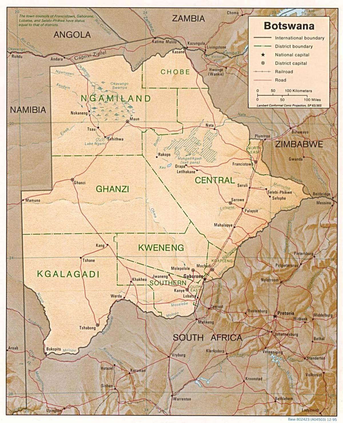 карта на Боцвана покажува градови и села